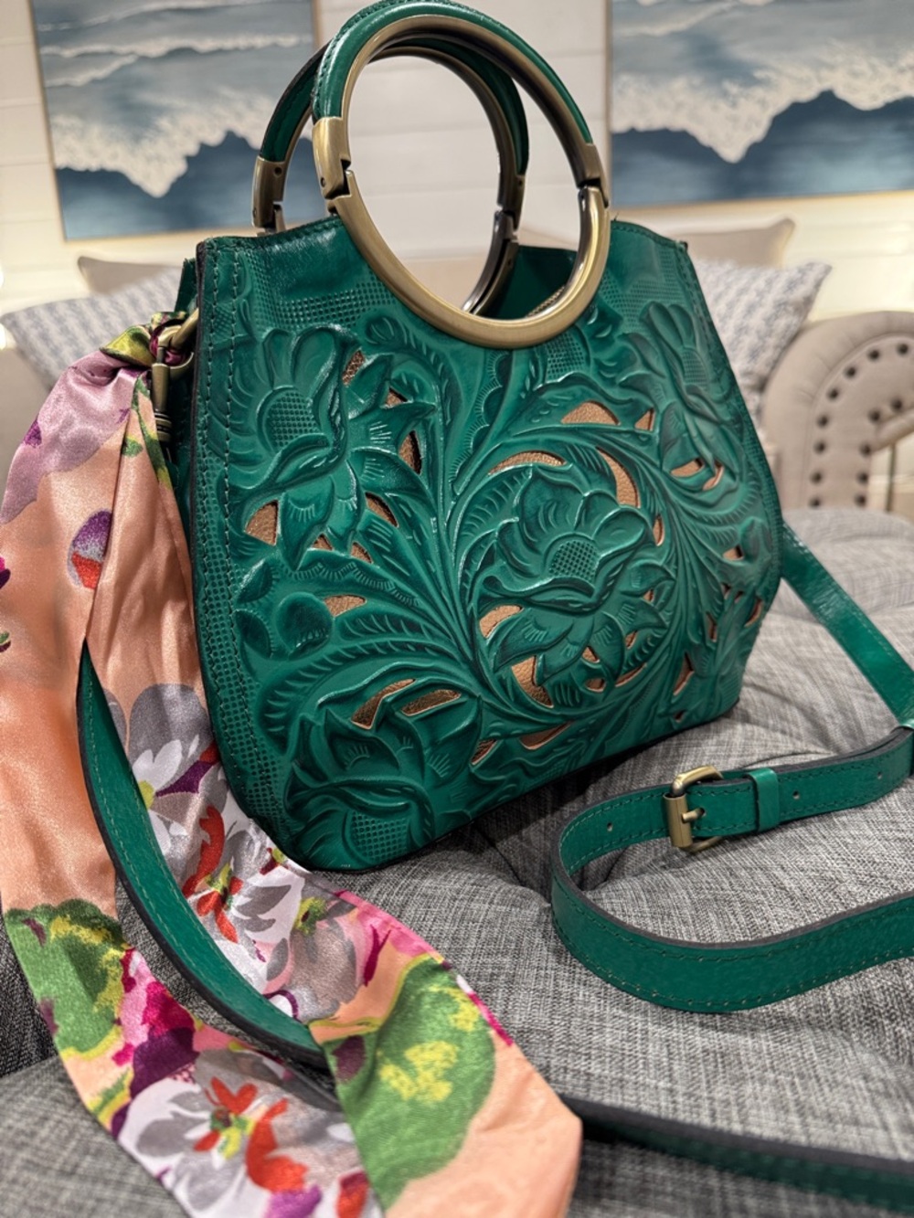 Patricia Nash Bag Aria Double Ring Shopper Laser-cut Etched Leather Crossbody - Picture 3 of 17